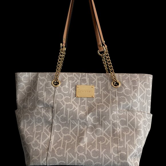 Calvin Klein CK Large Designer Purse Chain Tote White Tan Logo Monogram Hayden L - Picture 3 of 12